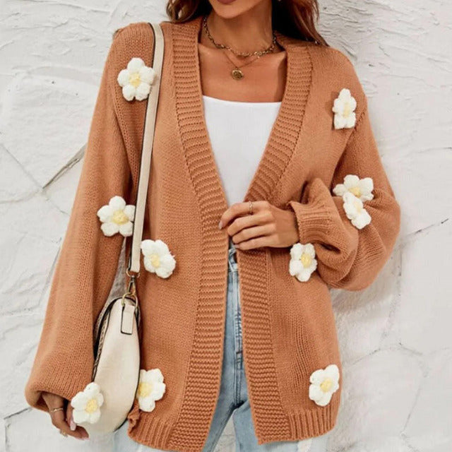 3D Blomsterdekorert Tilfeldig Cardigan