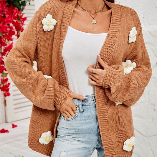 3D Blomsterdekorert Tilfeldig Cardigan