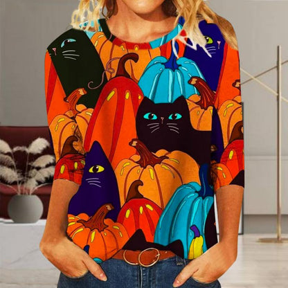 Kreativ Halloween T-Shirt Med Kattetryk