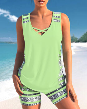 V-halset tankini med print