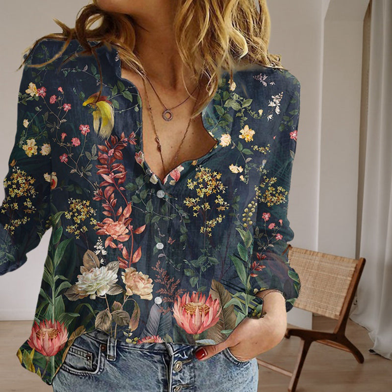 Vintage Bluse Med Blomstertryk