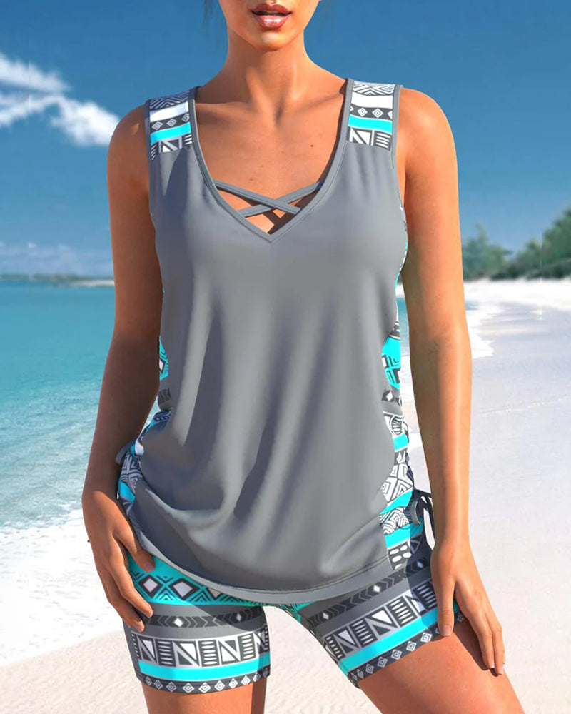 V-halset tankini med print