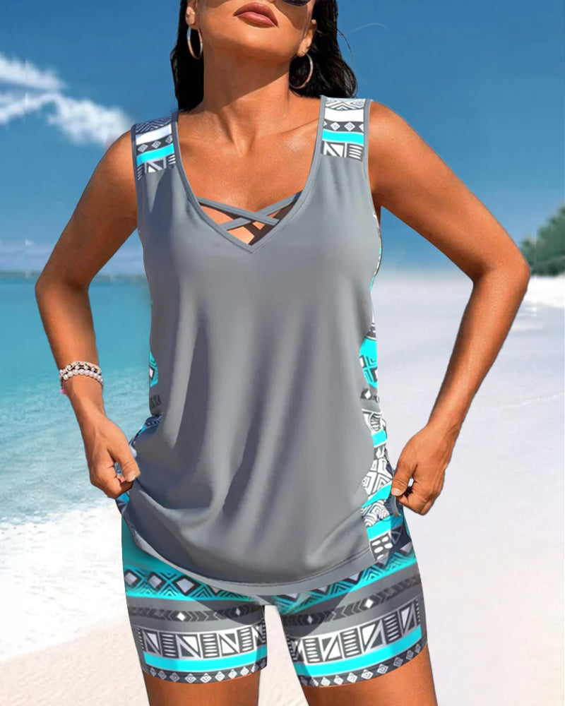 V-halset tankini med print