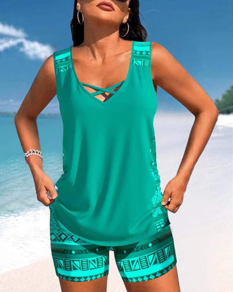 V-halset tankini med print