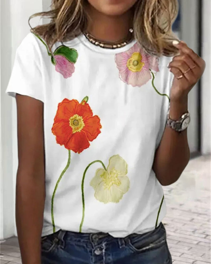 T-shirt med rund hals og blomstermotiv