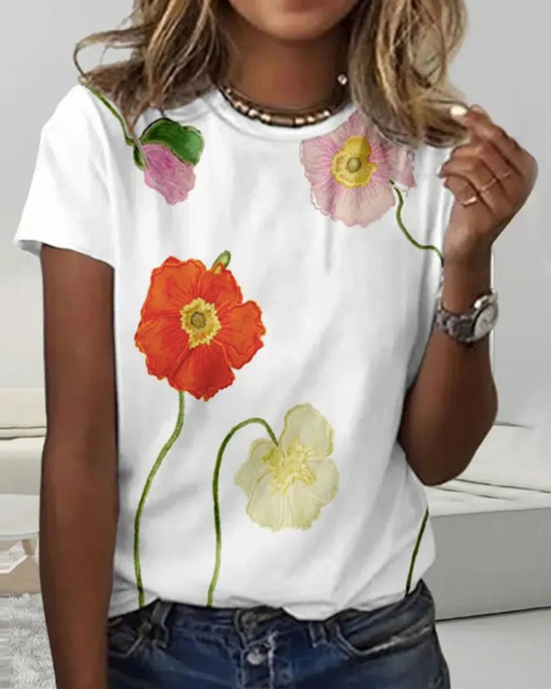 T-shirt med rund hals og blomstermotiv