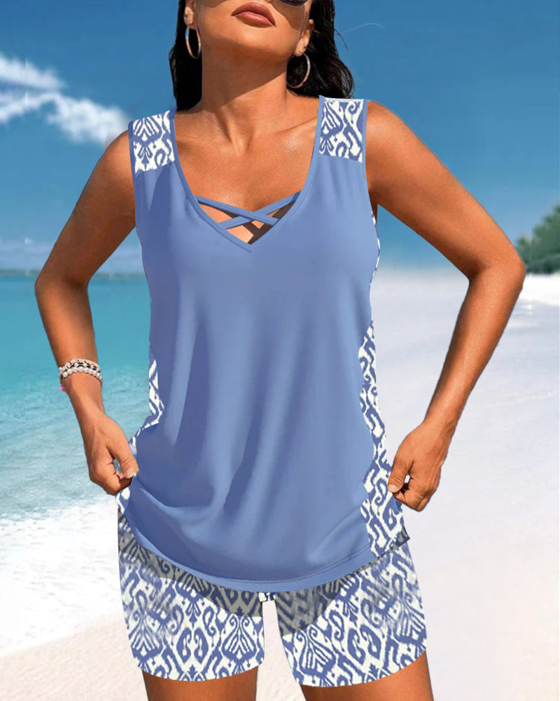 V-halset tankini med print