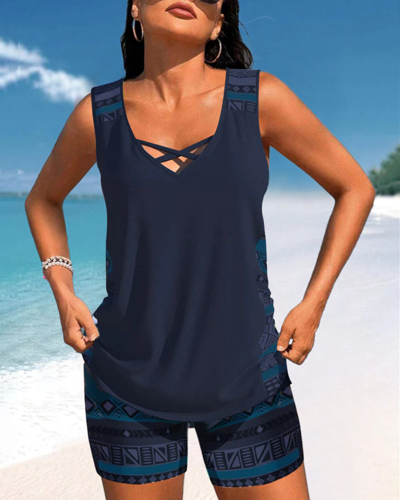 V-halset tankini med print