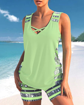 V-halset tankini med print