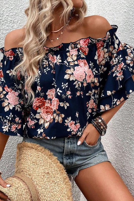 Blå Blomstret Bluse