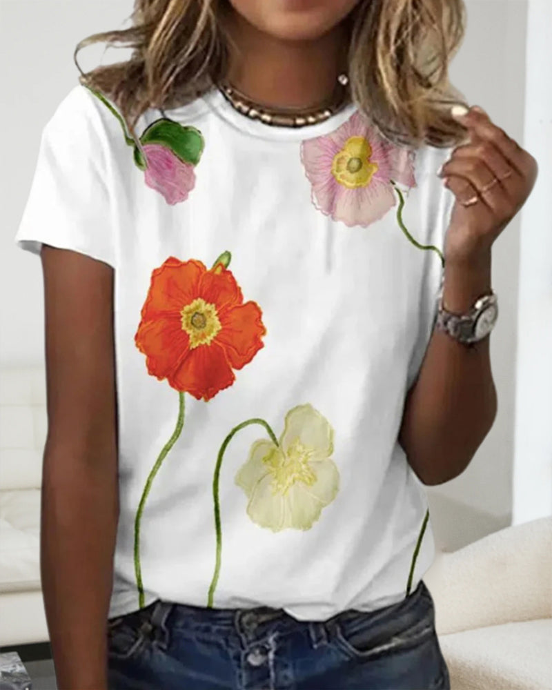 T-shirt med rund hals og blomstermotiv