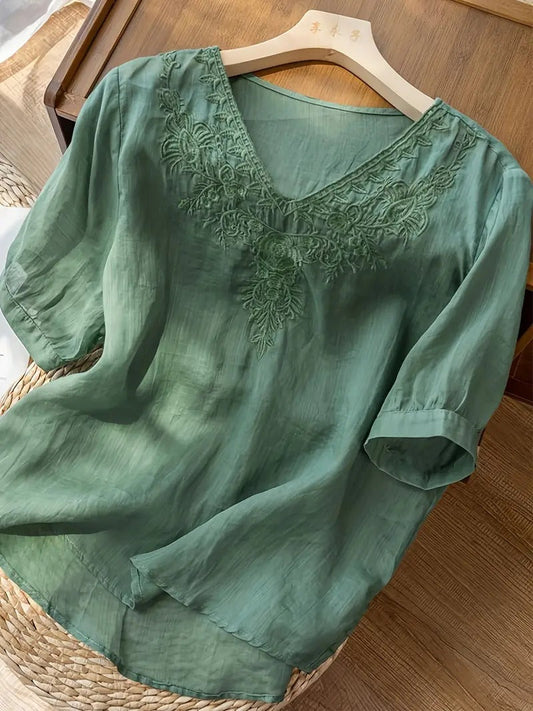 Vivian - Vintage-blomstret T-shirt med V-udskæring