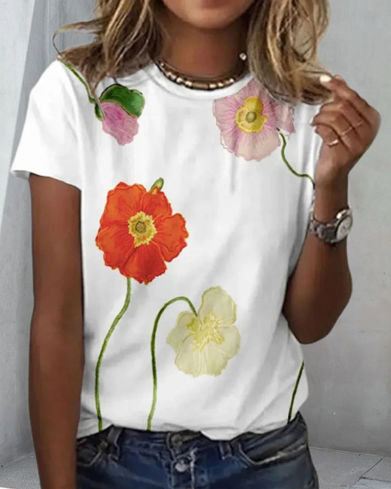 T-shirt med rund hals og blomstermotiv