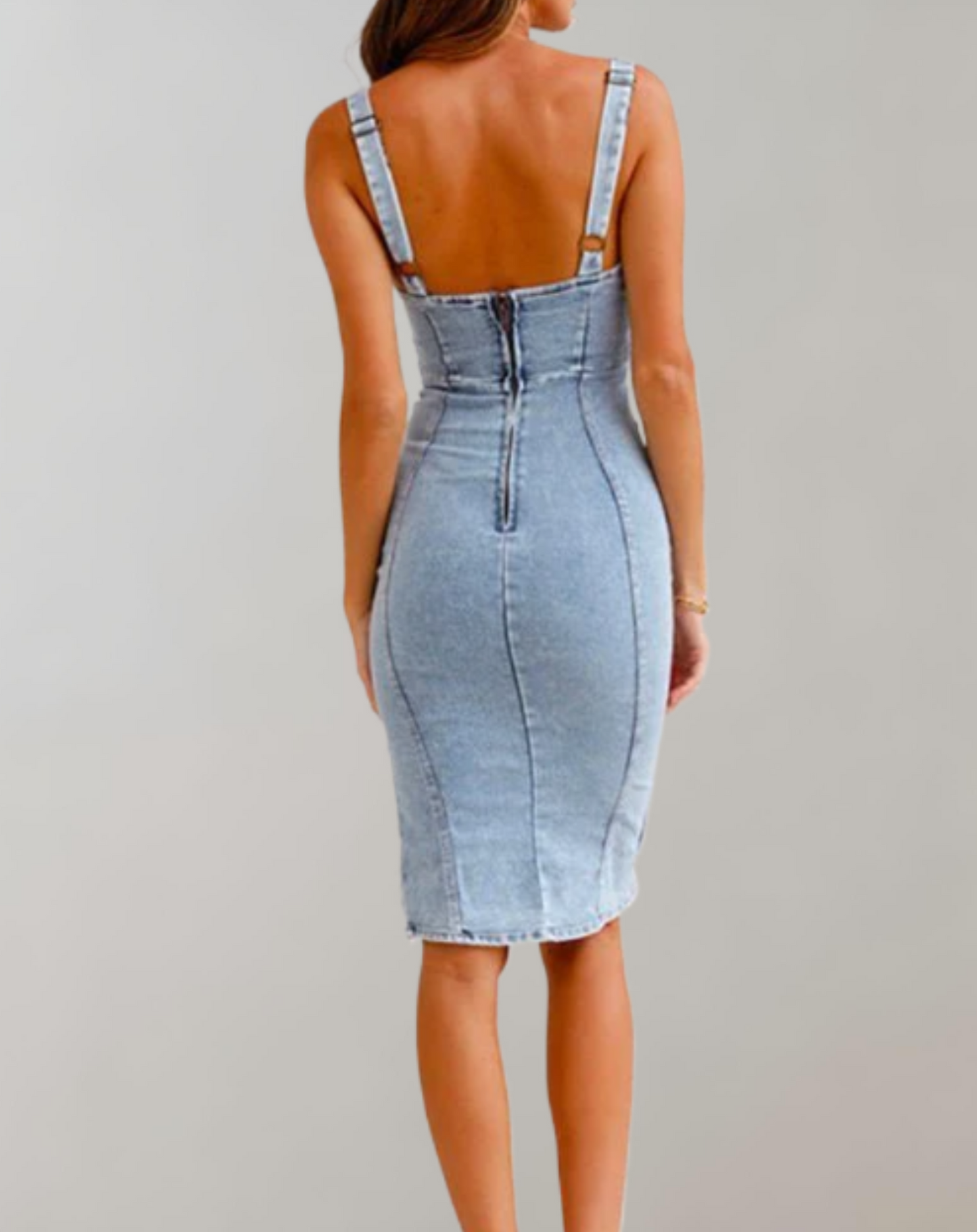 Ivana - Bodycon denimkjole, spaghettistropper, slids