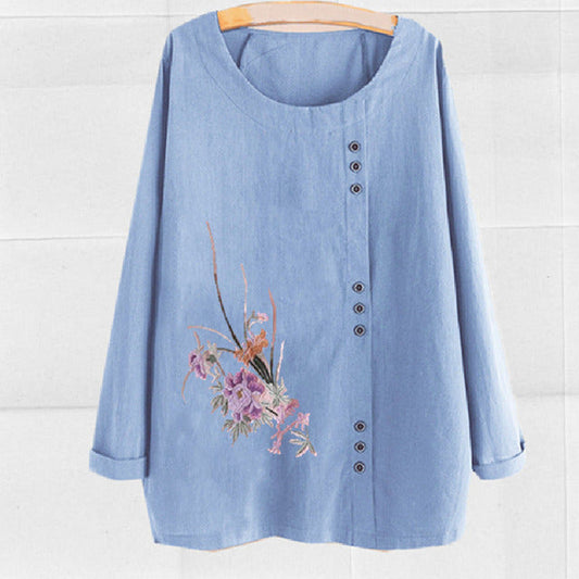 【Bomull Og Lin】 Uformell Bluse Med Blomstertrykk