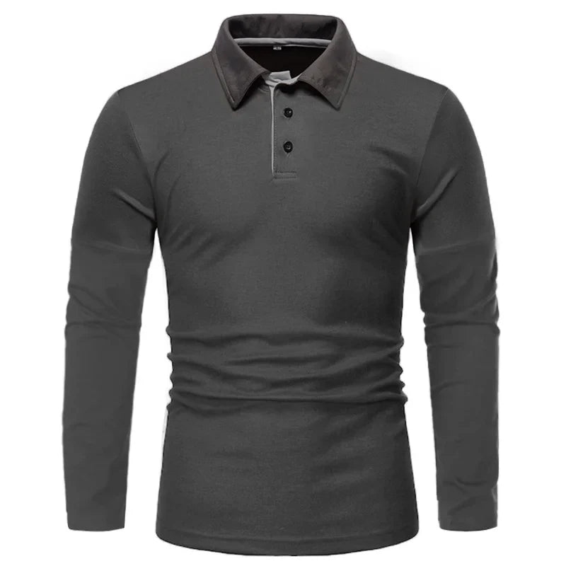 Langærmet T-shirt til mænd med button-down-krave