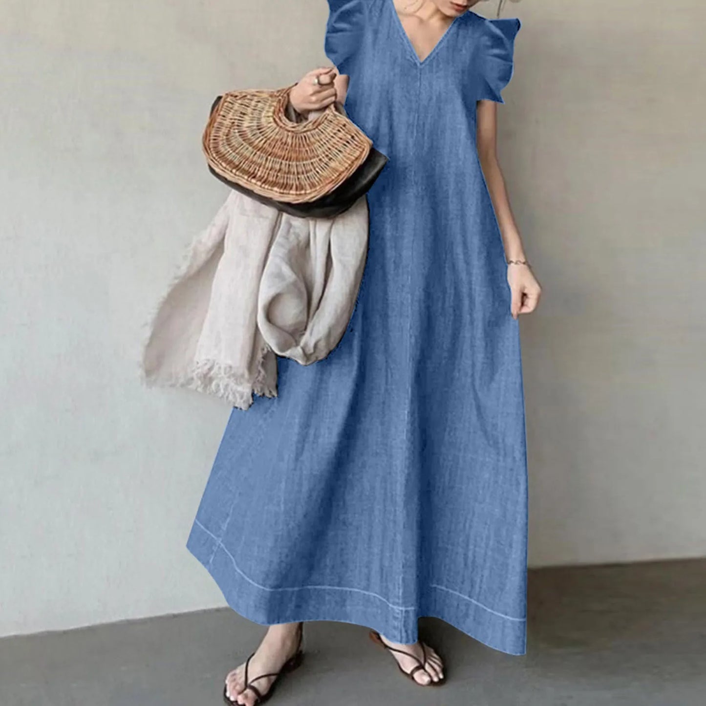 Rosa™ | Denim Maxi-kjole Med Flotte ærmer