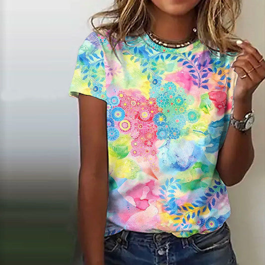 Farverig T-Shirt Med Blomsterprint