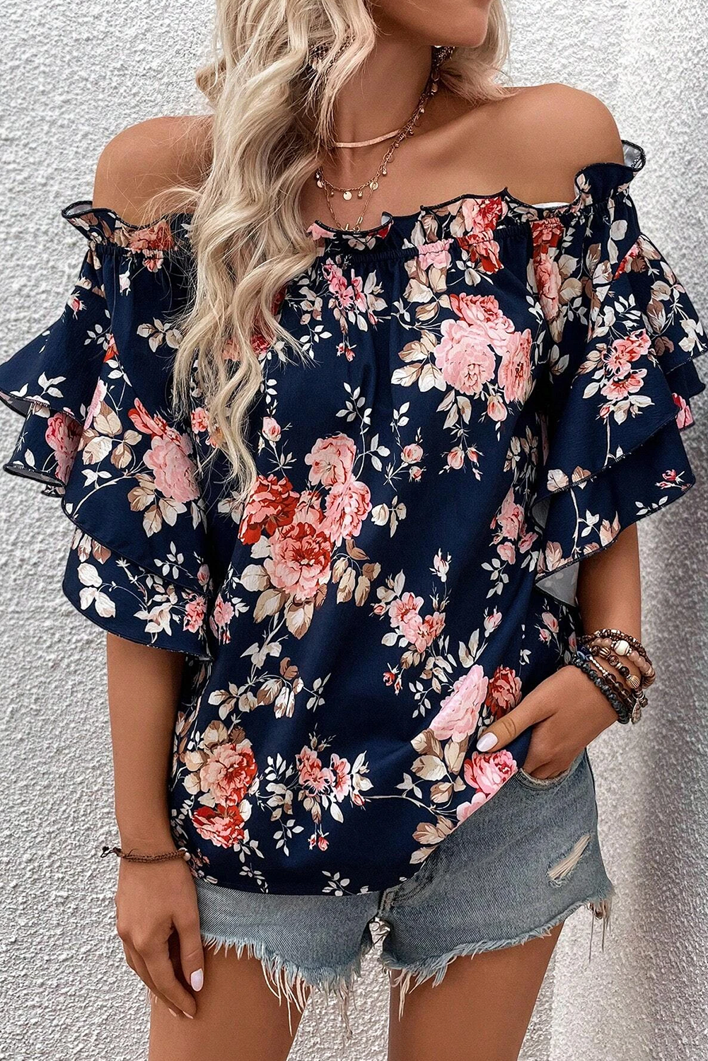 Blå Blomstret Bluse