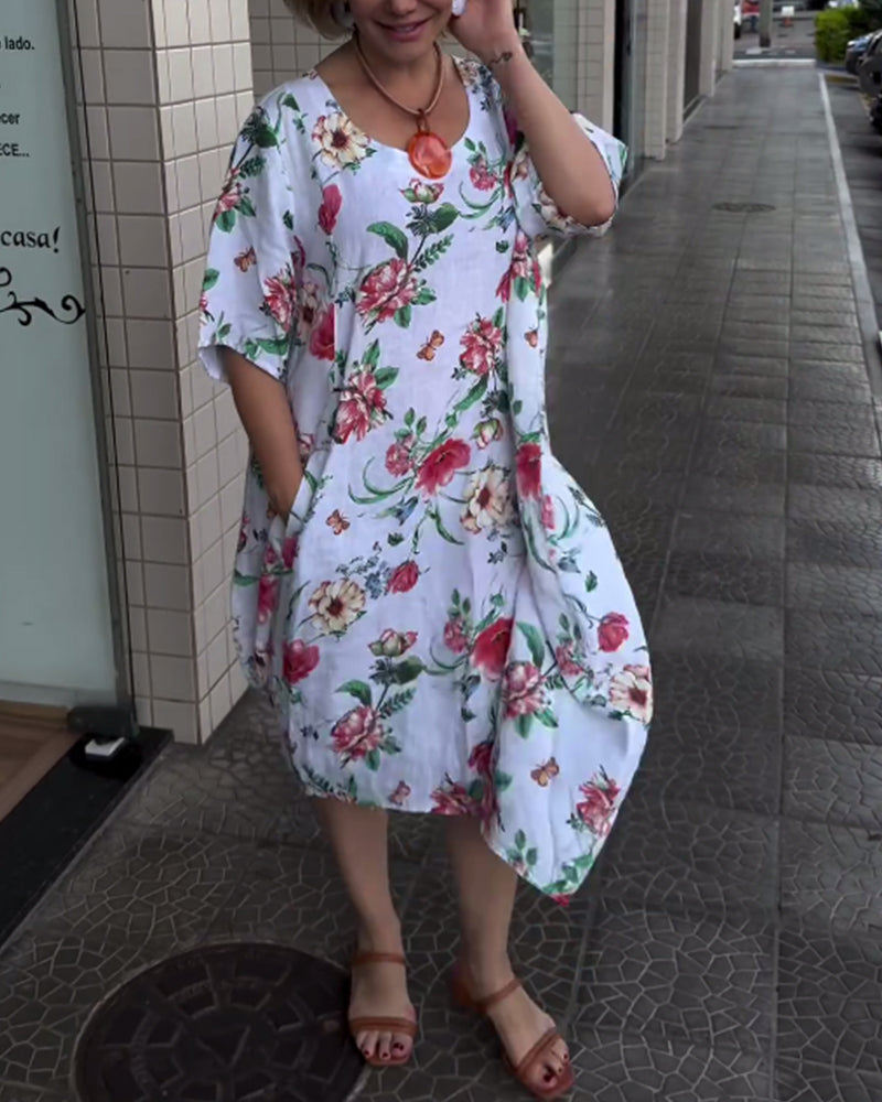 Round Neck Floral Half Sleeve Shift Dress