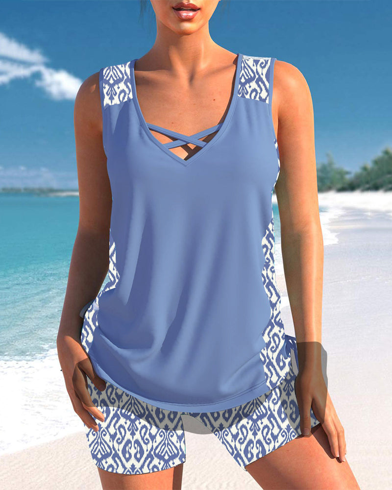 V-halset tankini med print