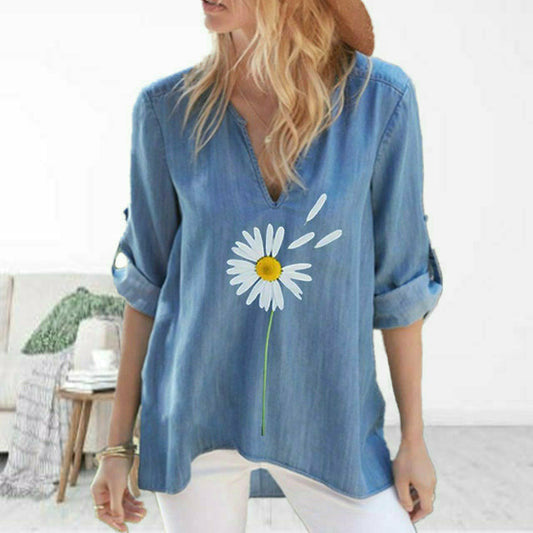 【Bomull Og Lin】 Casual Bluse Med Tusenfrydtrykk