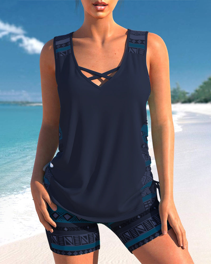 V-halset tankini med print